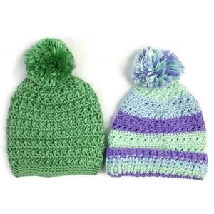 Hand Made Crochet Green & Purple Stripe Pom Top Sock Cap Beanie Hat Set Newborn
